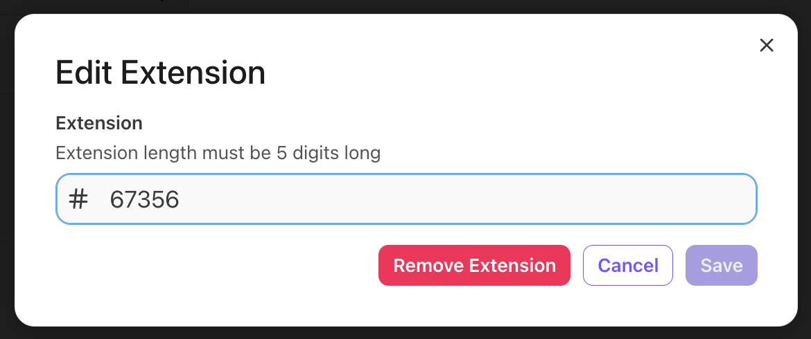 Editing an extension with a five-digit requirement and options to save or remove.